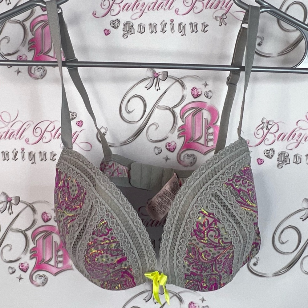 La SENZA bra cupped paisley bow ribbon grey and Pink Lace Bra with Yellow Accent